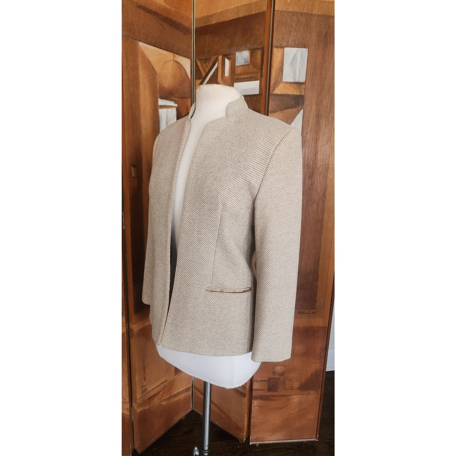 Vintage 70s Bally Blazer Beige Wool Band Collar Jacket Medium