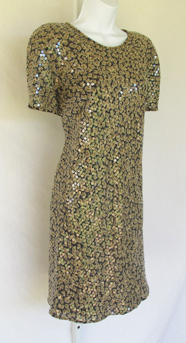 VINTAGE 1960s 70s MOD DRESS SILVER THREADS SEQUINS BLACK KEY HOLE SEQUINS TAN