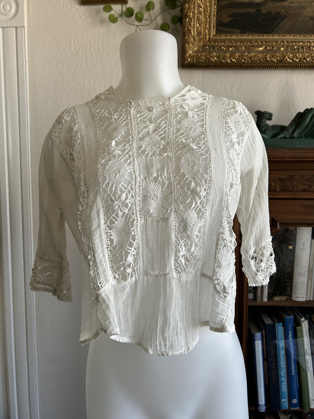 Antique Victorian Edwardian White Lace Gauze Blouse Crochet Insert Cottagecore S