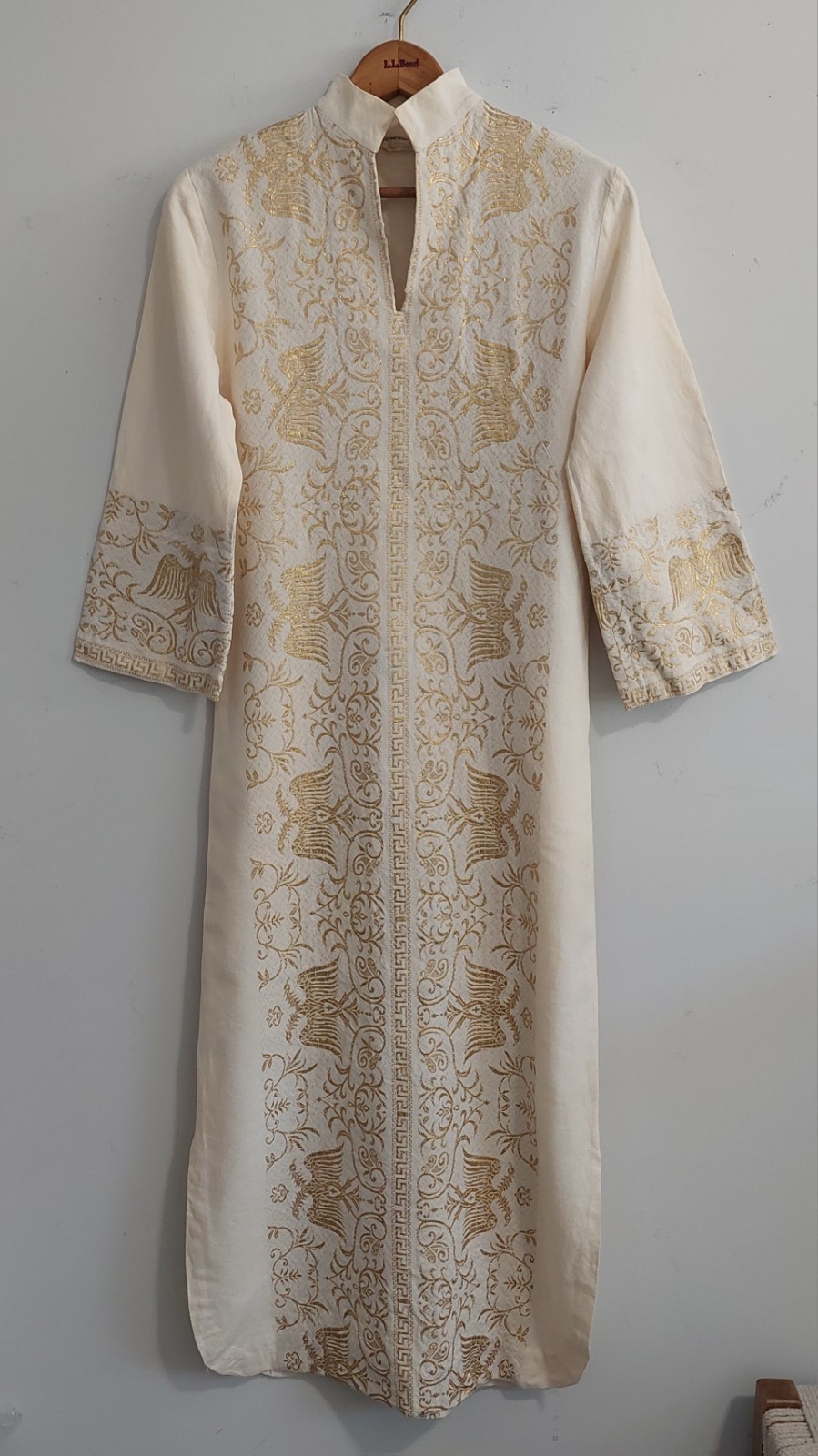 Vtg El Greco Tsitsibacos Bros Greece Caftan Dress Ivory Gold Byzantine Eagle SM