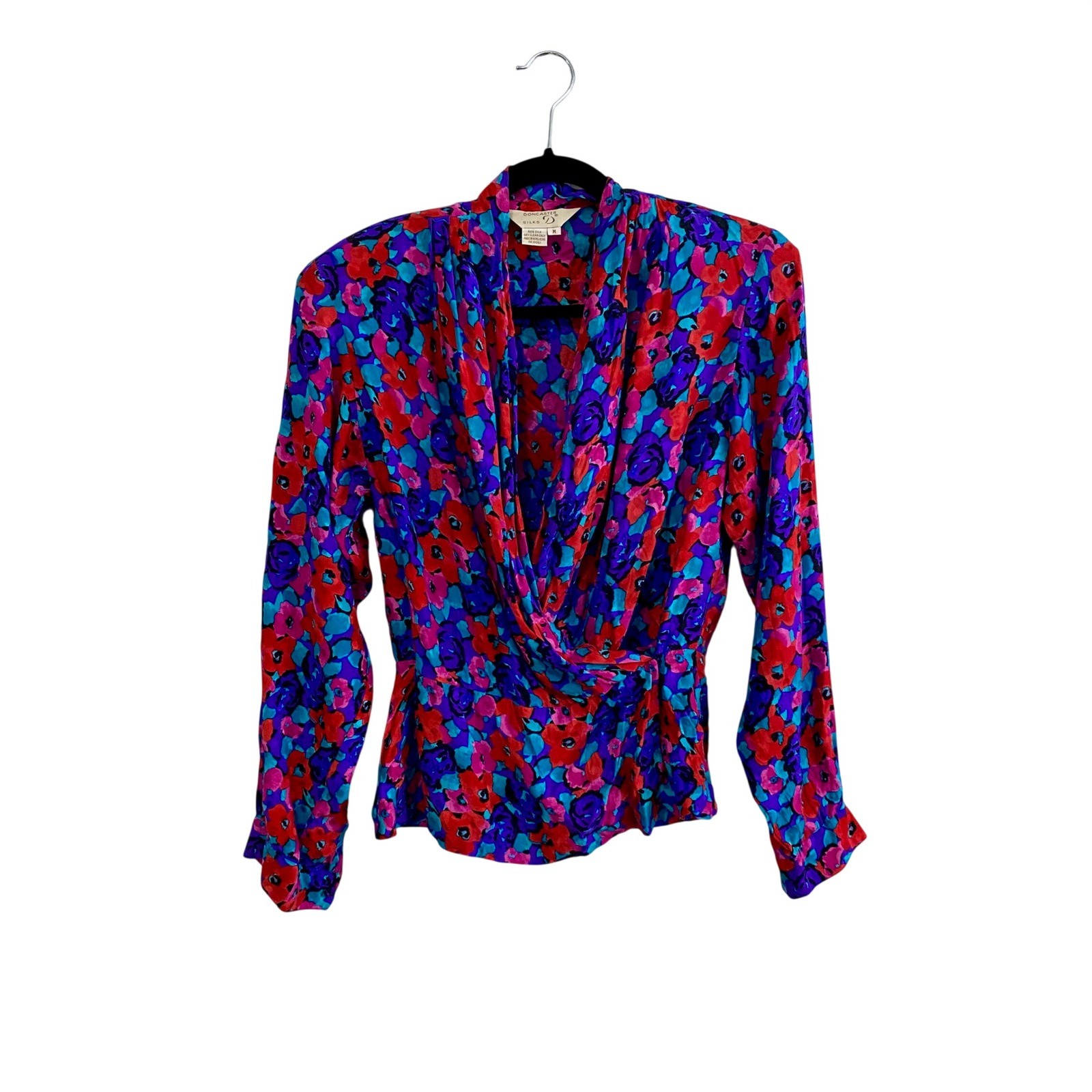 Doncaster Silks Blouse Women M Multicolor Floral Silk Wrap Vintage 80s Excellent