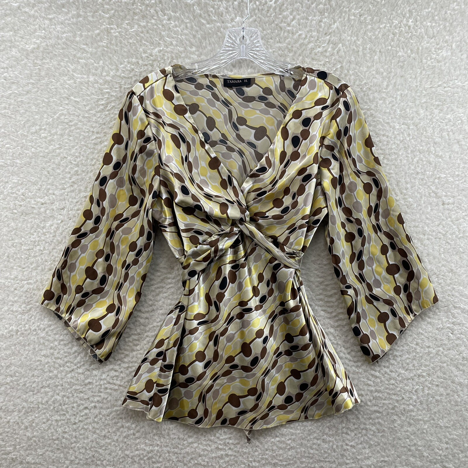 Y2K Vintage Top Blouse Medium Yellow Satin Pattern Fairy Grunge Corpcore Office