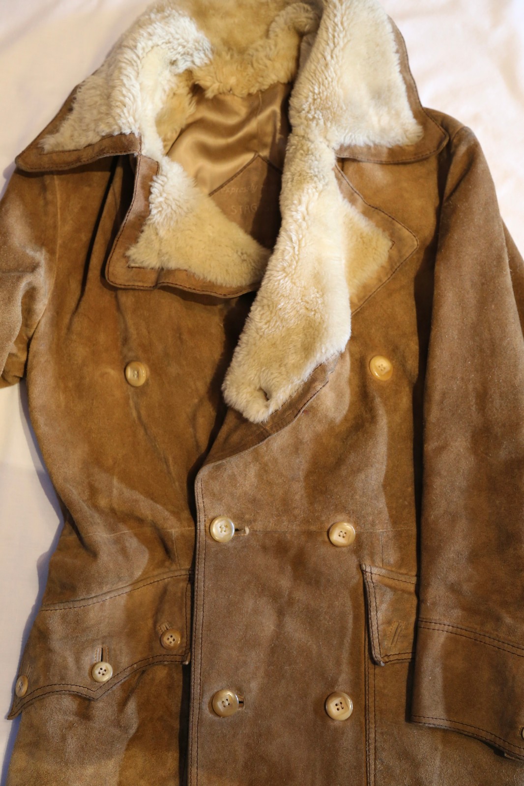 Vintage 1969 Suede Coat Mens Mid Century Mod Style with Rayon Fur