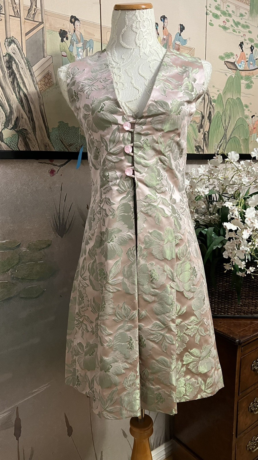 60s Pink Green Brocade Floral Cocktail Shift Dress MCM Handmade, XS – S