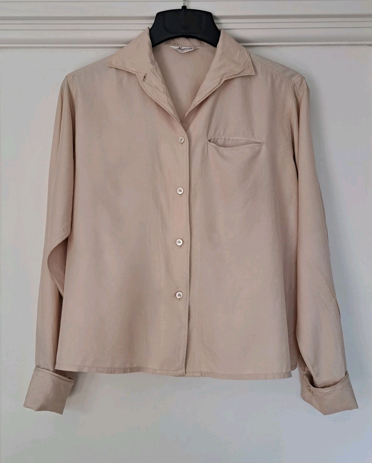 VINTAGE Haymaker 100% Silk Blouse Size 18 Tan Long Sleeve French Cuffs 1960’s