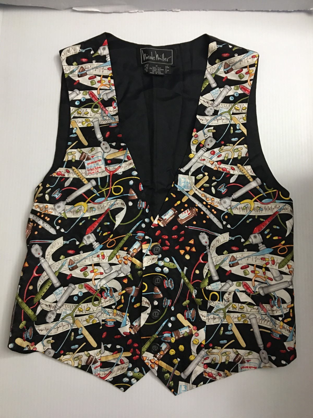 Vintage 90s Nicole Miller Novelty Doctor Medical Print Vest Silk M