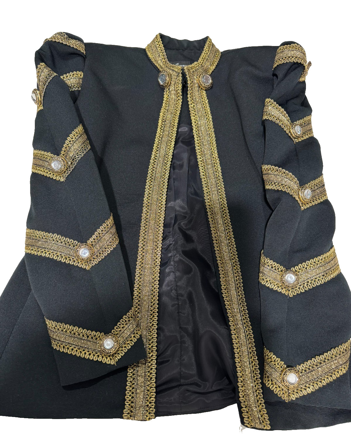 Vtg 80s Military Style Jacket Black Gold Brocade Baroque 6 Chunky Clear Buttons