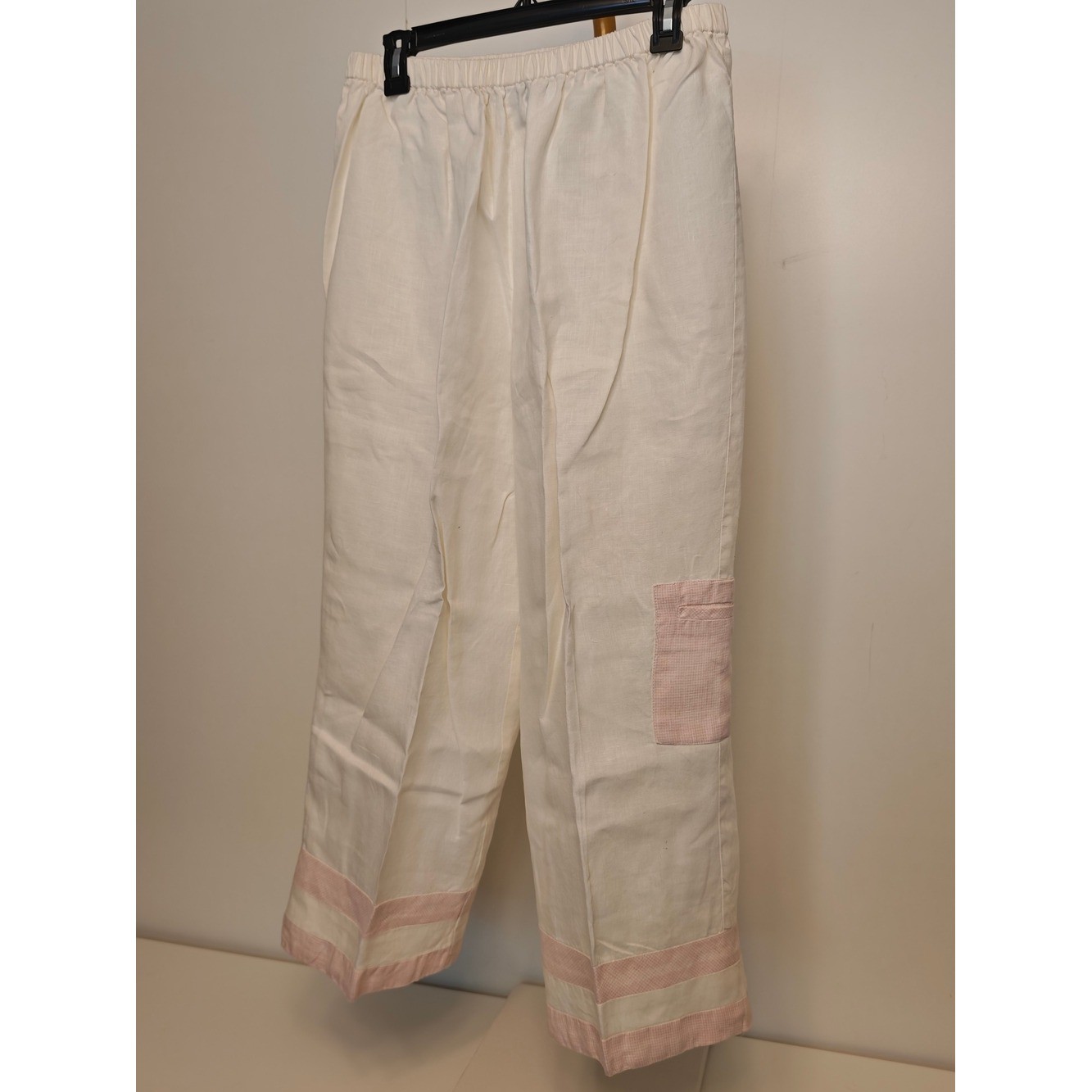 Vintage DKNY Cream Wide Leg 100% Linen Pants Pink Trim XL Elastic Waist Trousers