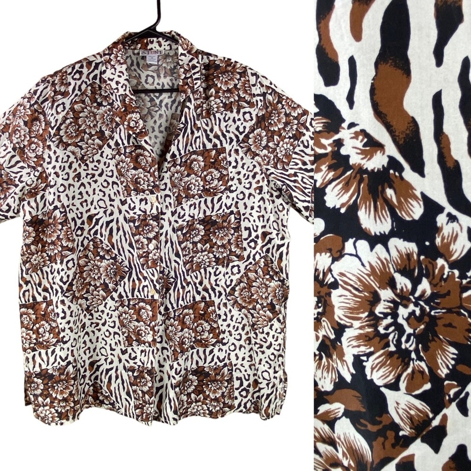 Vintage 100% Silk Floral Animal Print Shirt Blouse Size 1X Short Sleeves