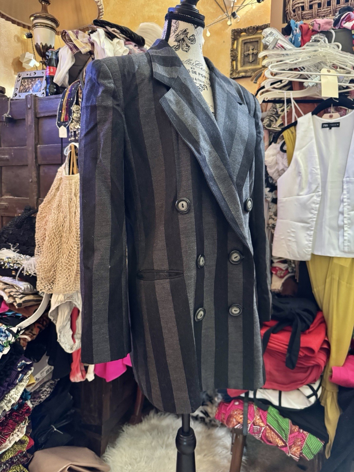 Vtg Harve Benard Wool Black Fray Stripe Blazer Jacket Shoulder Pads Double 12 M