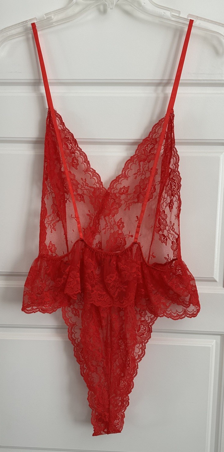 Vintage sexy lingerie sheer lace red teddy snap closure M bodysuit nylon