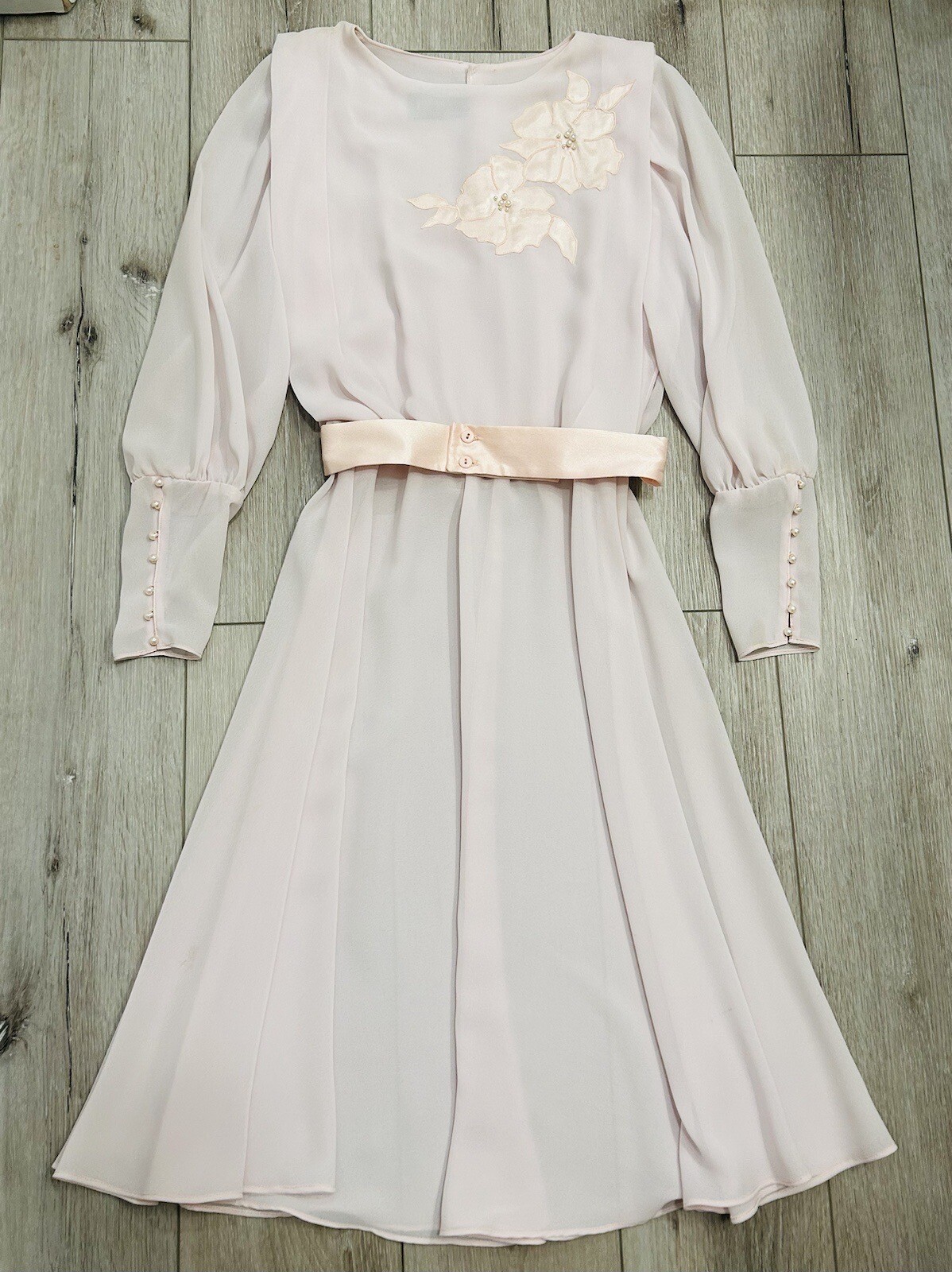 VTG URSULA OF SWITZERLAND Blush Pale Pink Chiffon Blouson MIDI Dress 7/8 *Read*