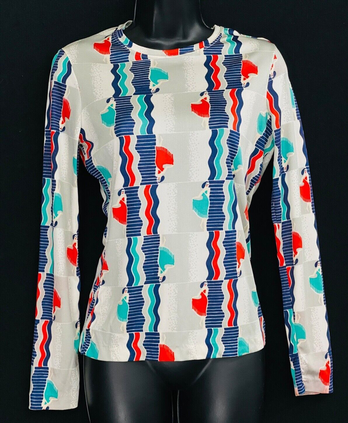 Vintage 1970s novelty print shirt top, ladies in dresses white teal red S M