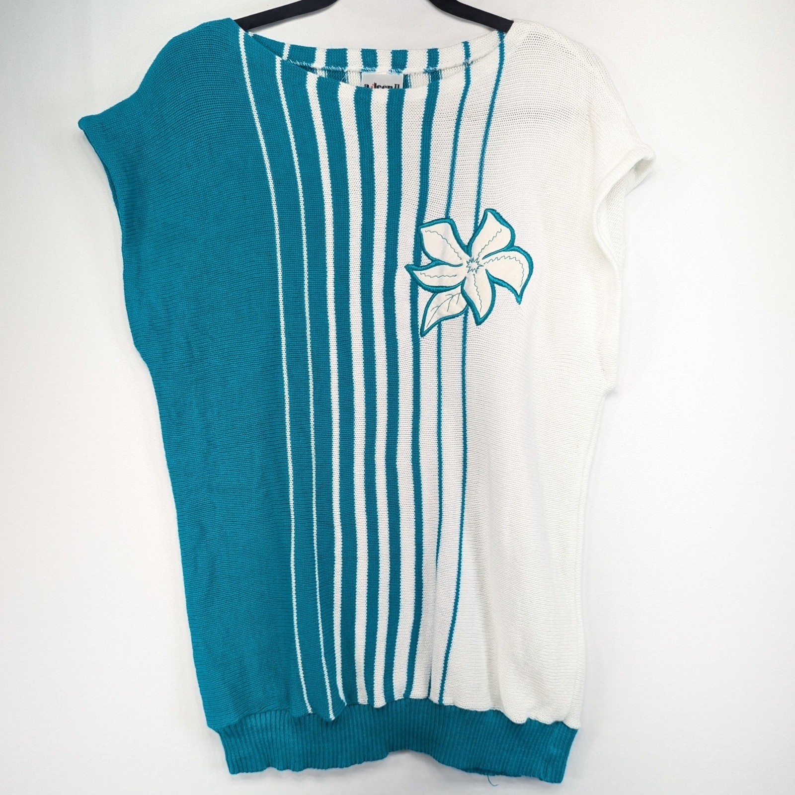 Vintage Aileen II Teal White Striped Floral Knit Top Short Sleeve USA Size 40