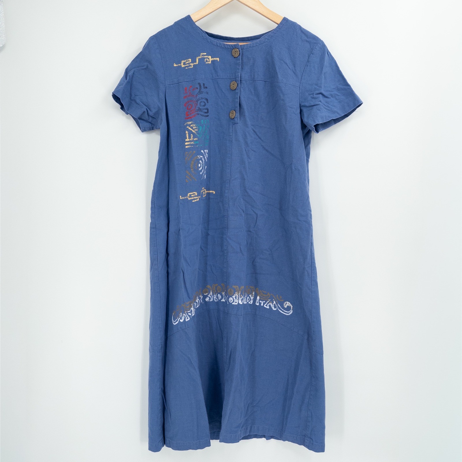 Vintage 90s Henley Dress Womens 8 Blue Linen Blend Boho Art to Wear Southwestern