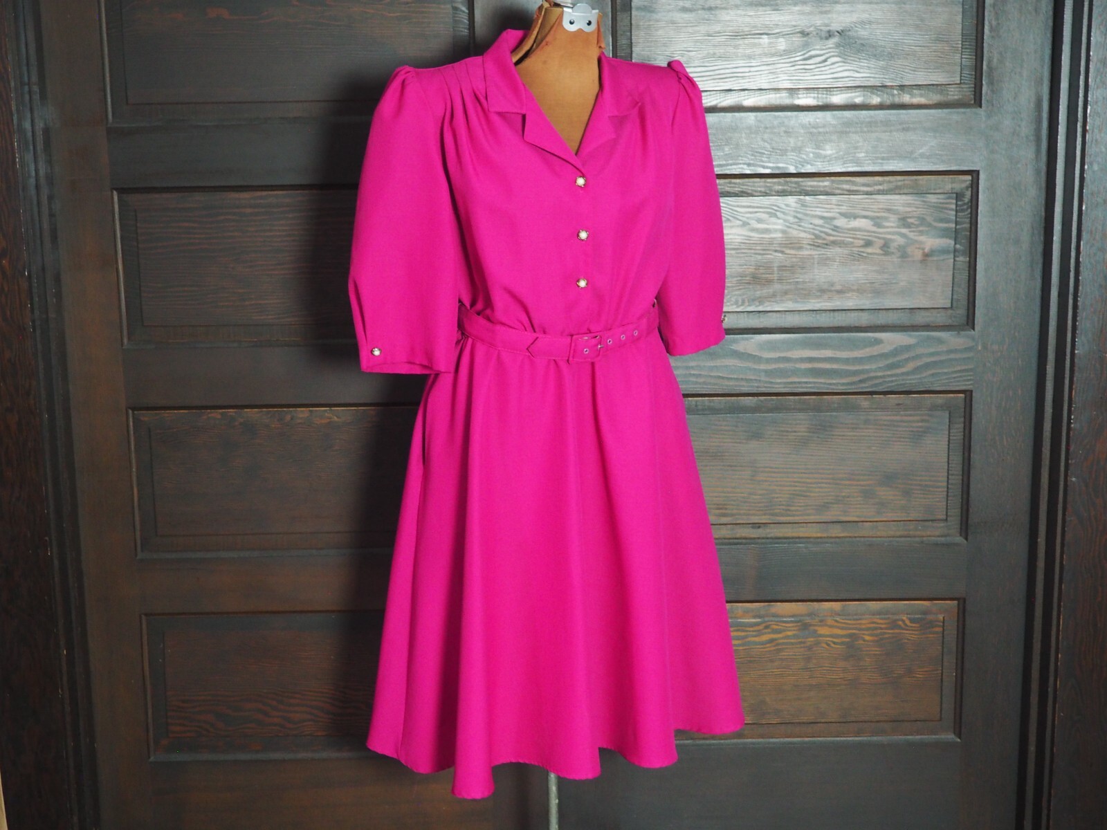 VTG 80s Fuchsia Pink Button Belted Preppy Party Dress Shoulder Pads 3/4 Sleeve M