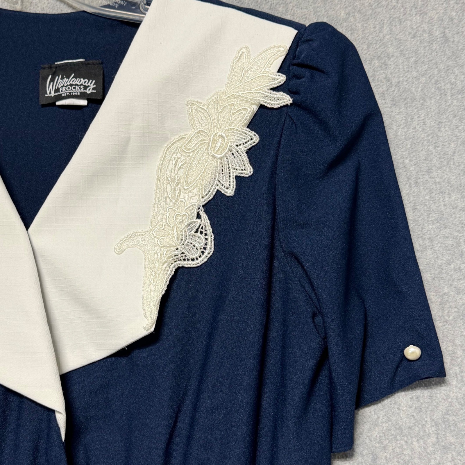 Whirlaway Frocks Vintage Navy Blue Lace Sailor Collar Midi Dress Size 12P USA