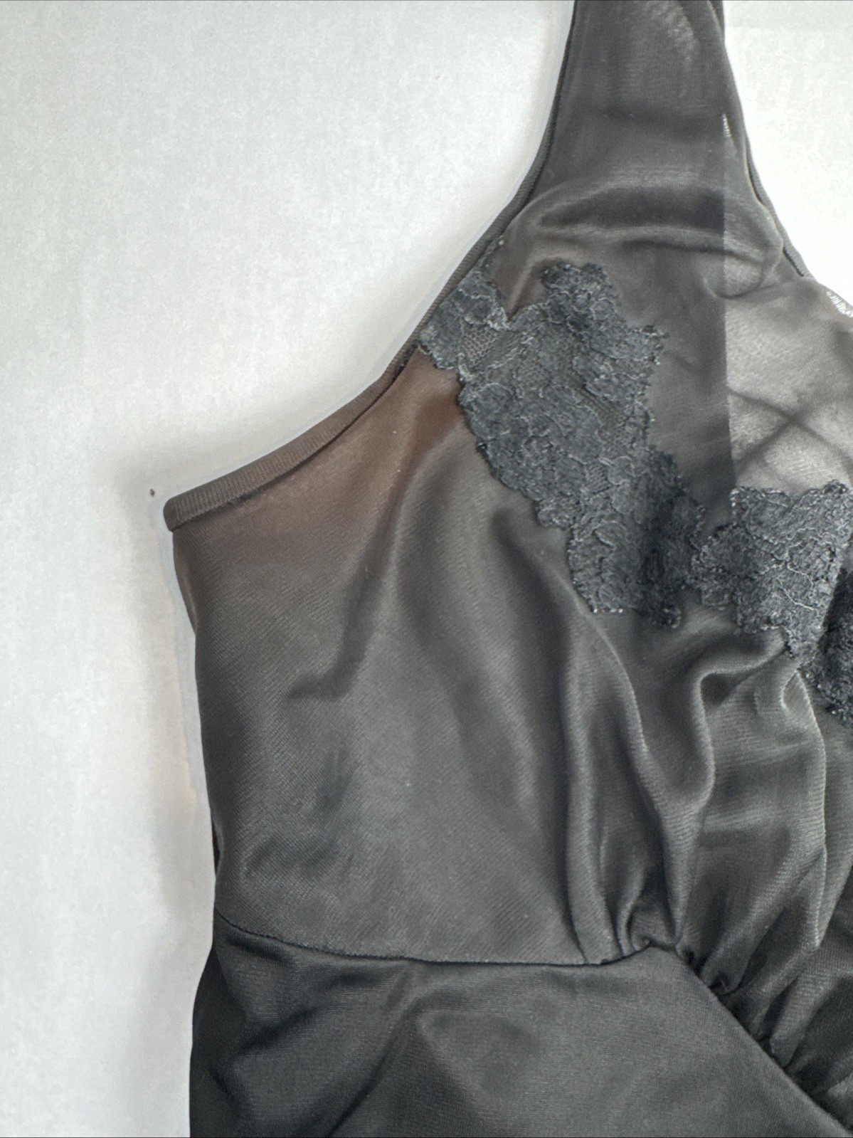 Vintage Shadowline Nylon Nightgown Black Size 34 Lace Empire Waist Tie Back