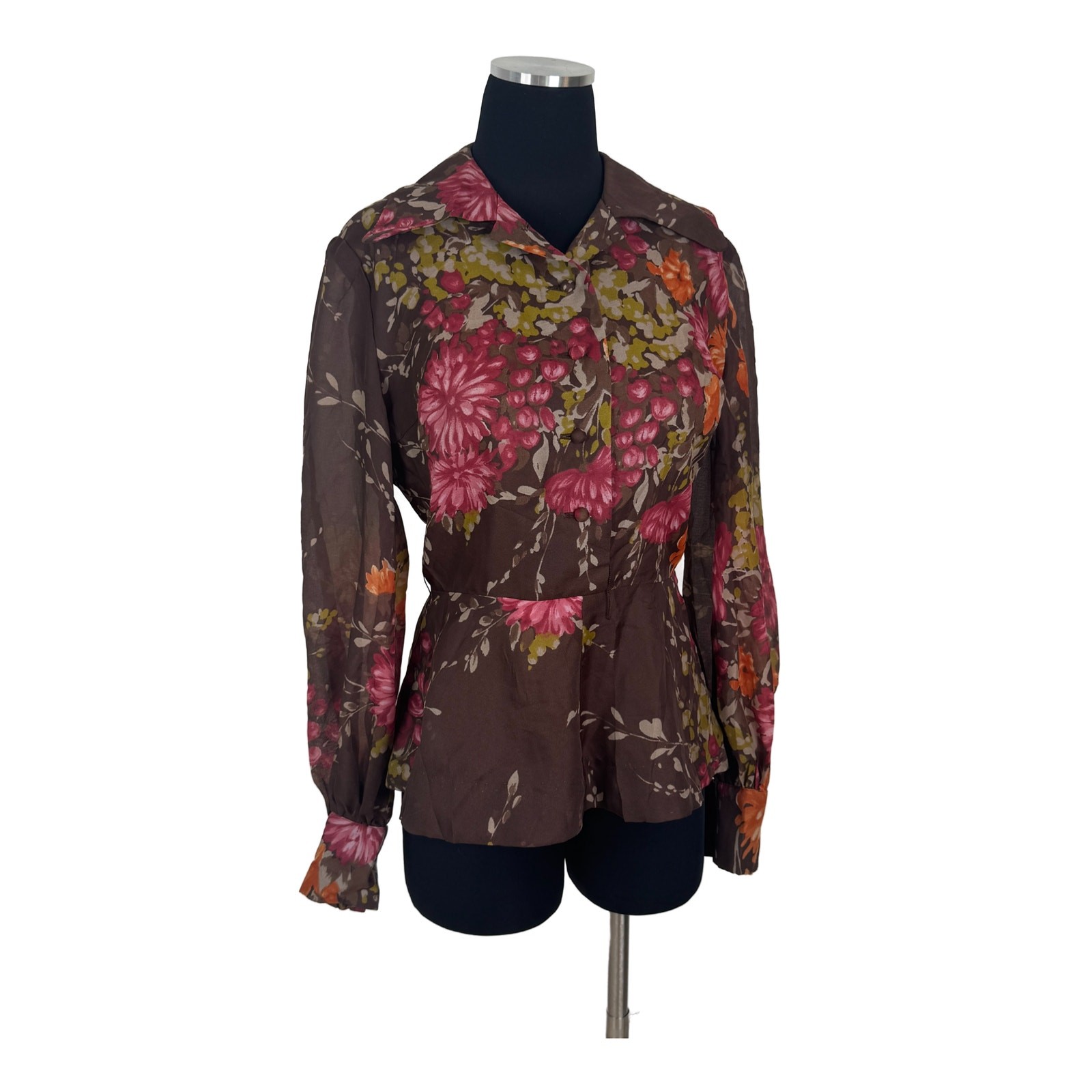 Vintage 1970s Zollner Modell German Floral Blouse Sheer Bishop Sleeve Peplum