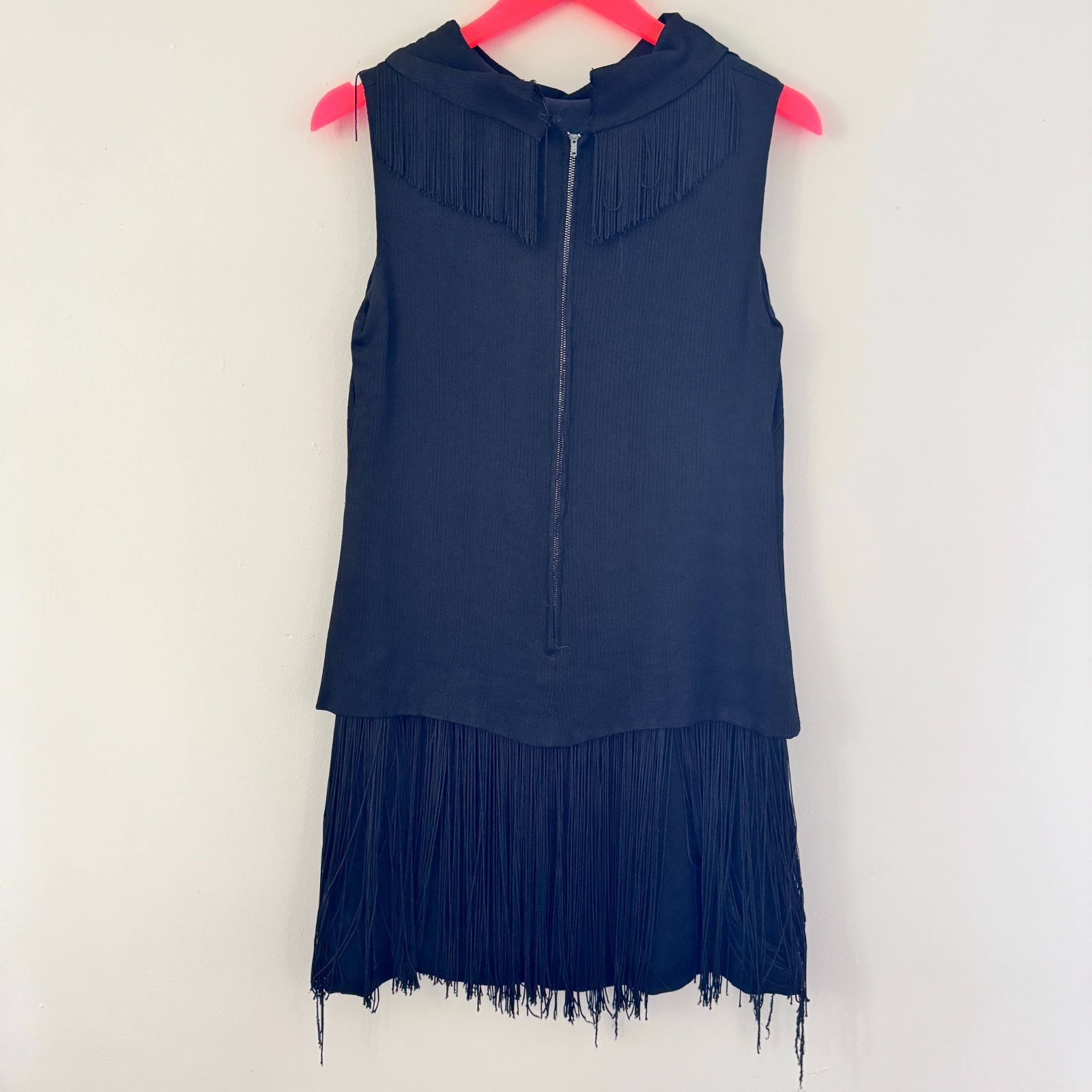 vtg 60s MISS THEME NY Black Go-Go Dancer FRINGE Mini Shift Dress Costume Mod LBD