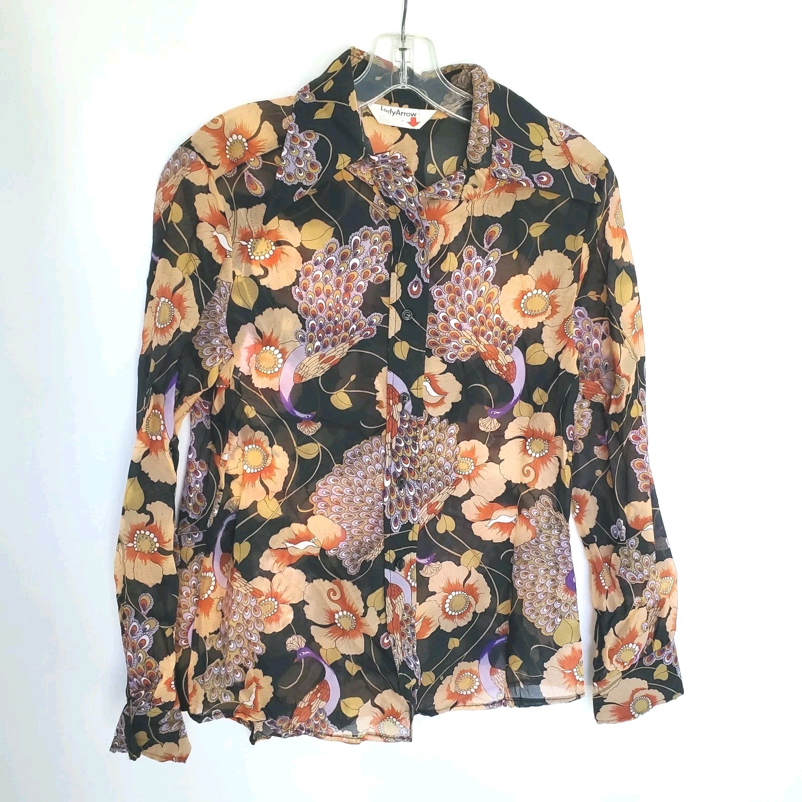 Vintage 70s Lady Arrow Sheer Floral Peacock Print Blouse Disco Boho Shirt Sz M