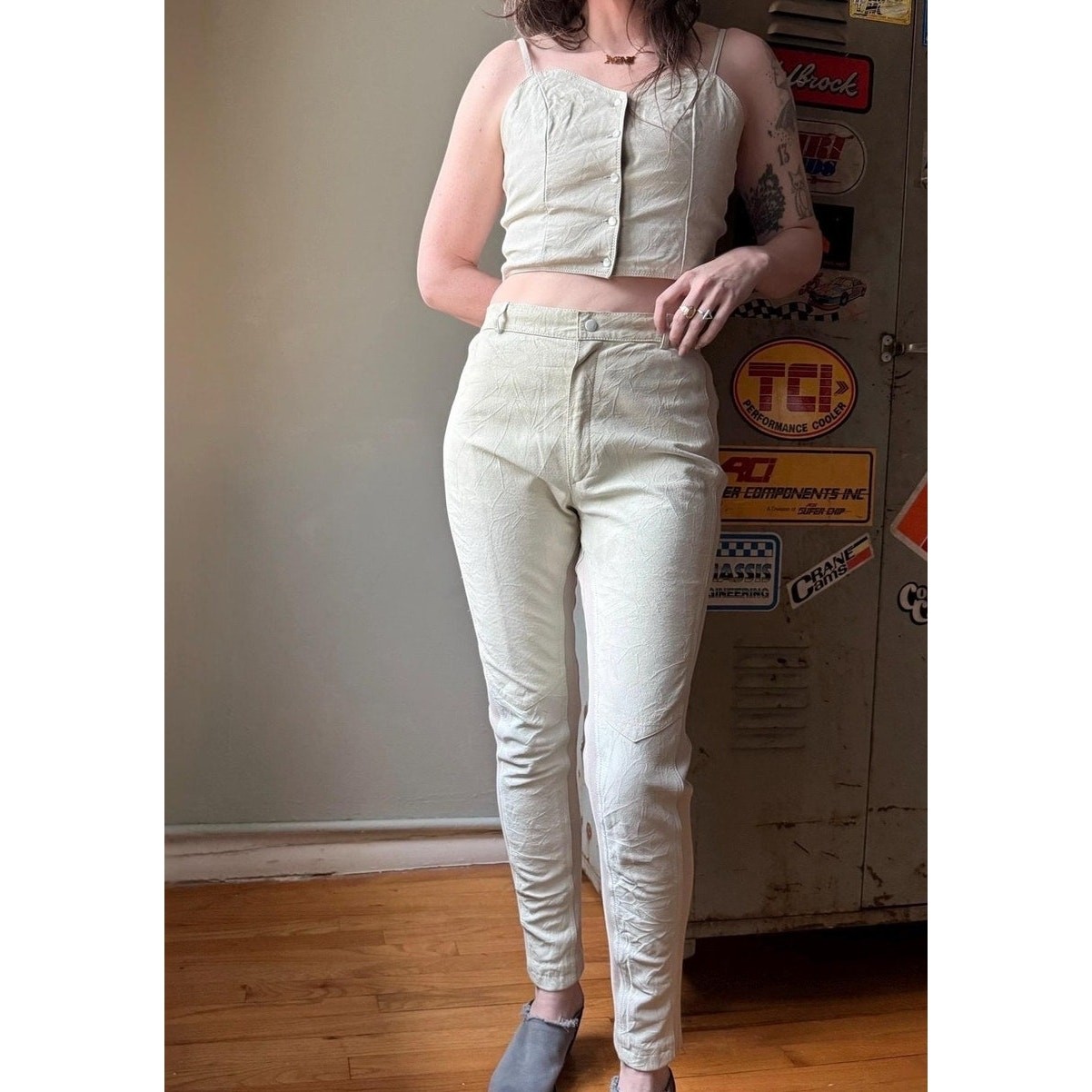 Vintage 90s Leather 2 Piece Set | Corset Crop Top + High Waist Pants | Cream | M