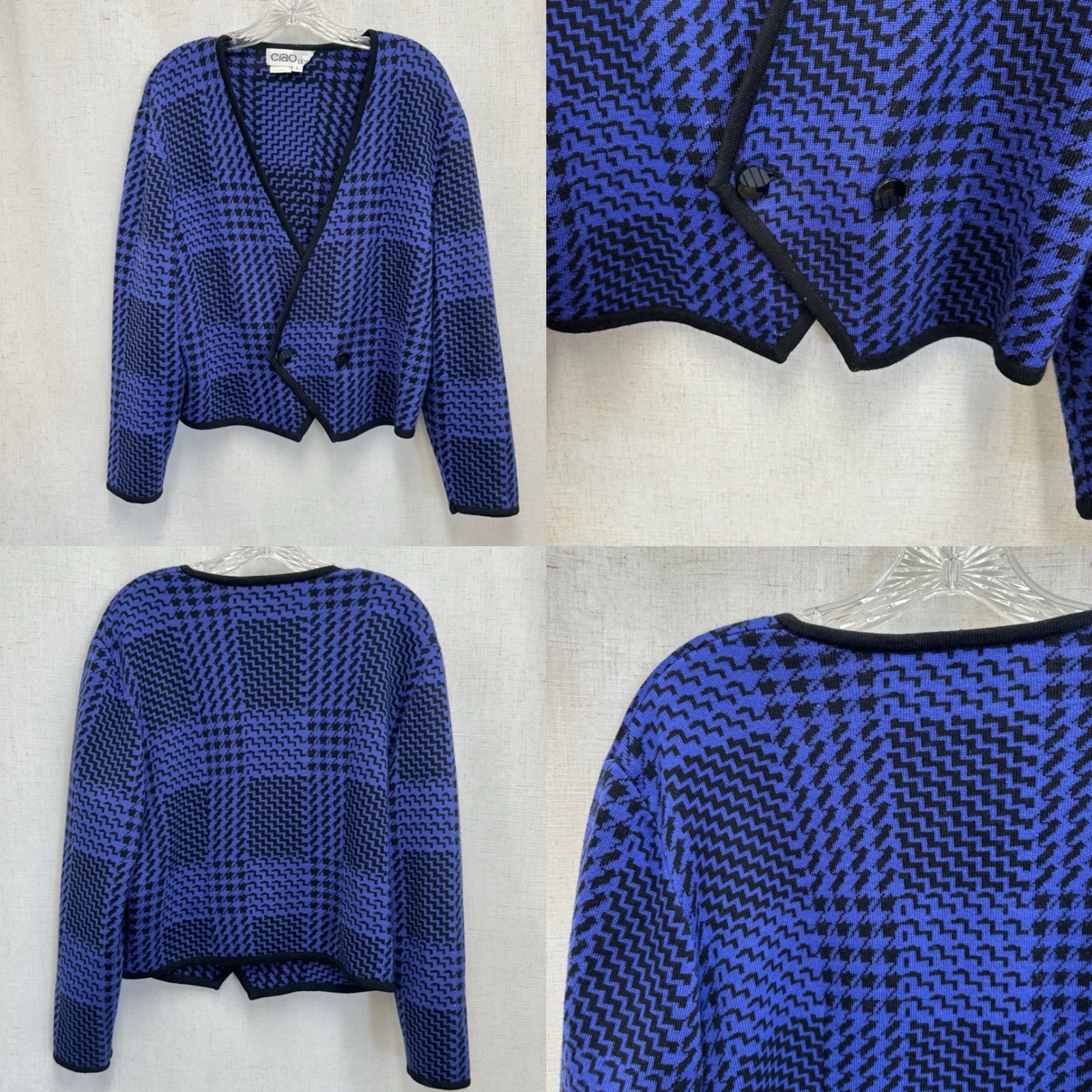 Ciao Ltd Vintage Cardigan Womens Large Blue Black Houndstooth Wool Blend Knit