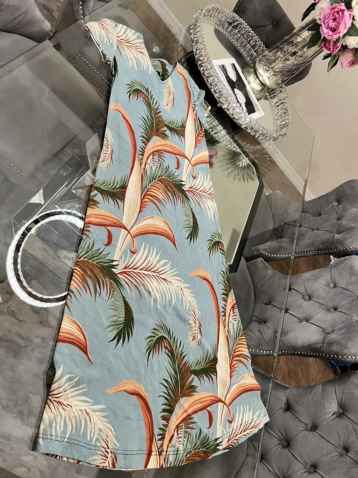 Carol Little Vintage 90s Turquoise Terracotta Tropical Palm Print Maxi Dress 4
