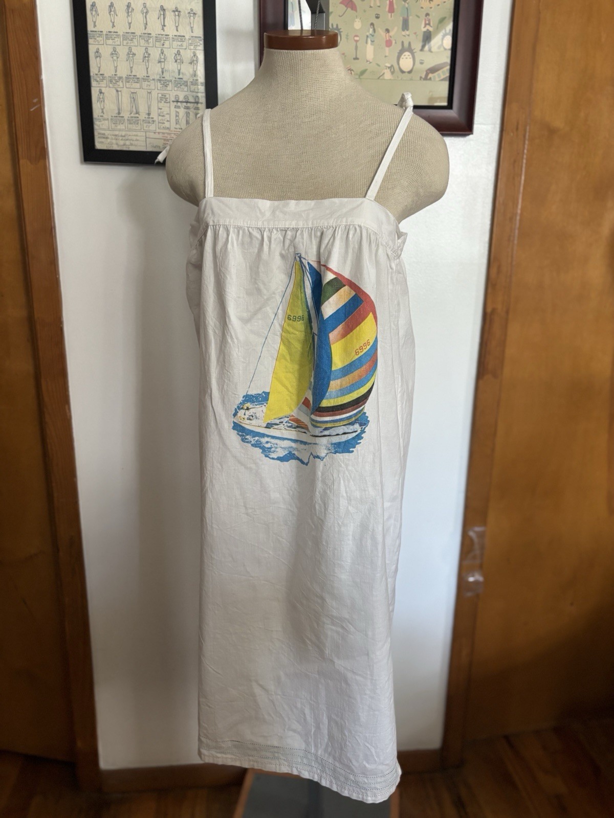 VINTAGE: 100% COTTON Adjustable Tie Nautical “Sailboat” Dress *SZ.M (IVORY)