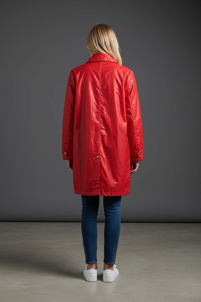 Red Mod Raincoat; Above-Knee With Pockets; Size 6-7 Nylon/All-Season