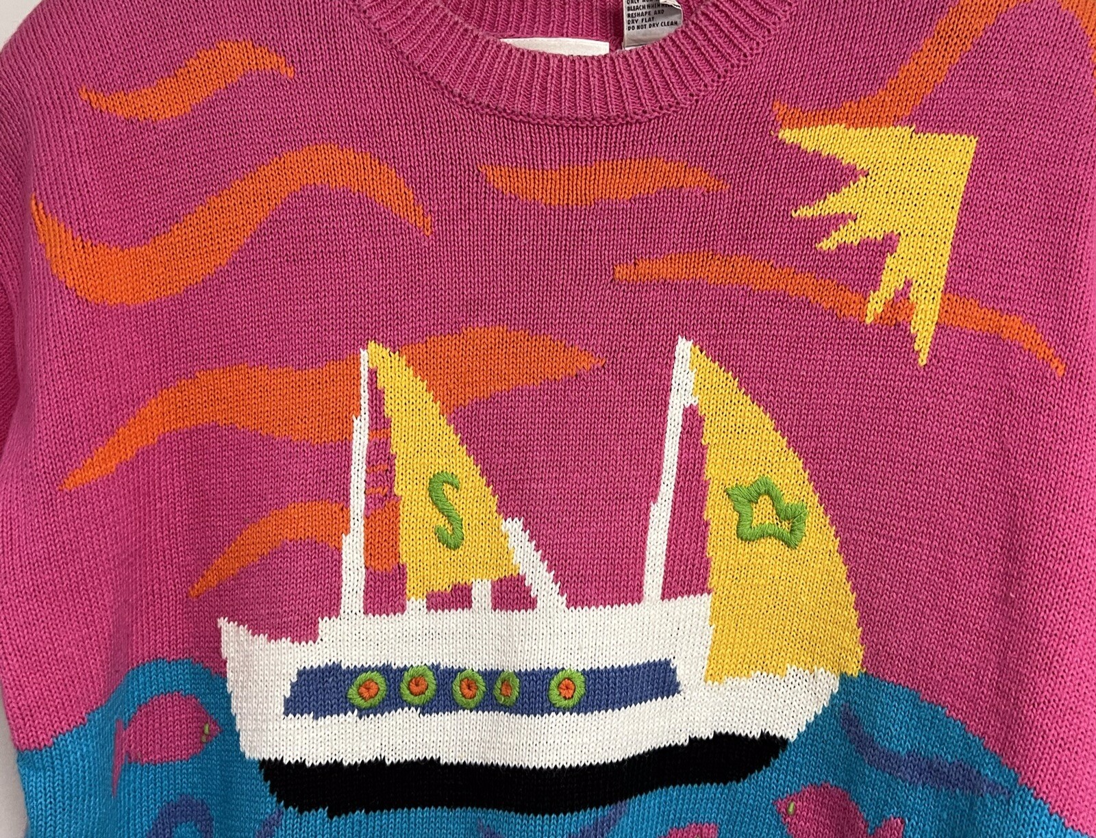 Vintage Suburbans Sweater Pink Size L Ocean Fish Sailboat Short Sleeve 1980’s