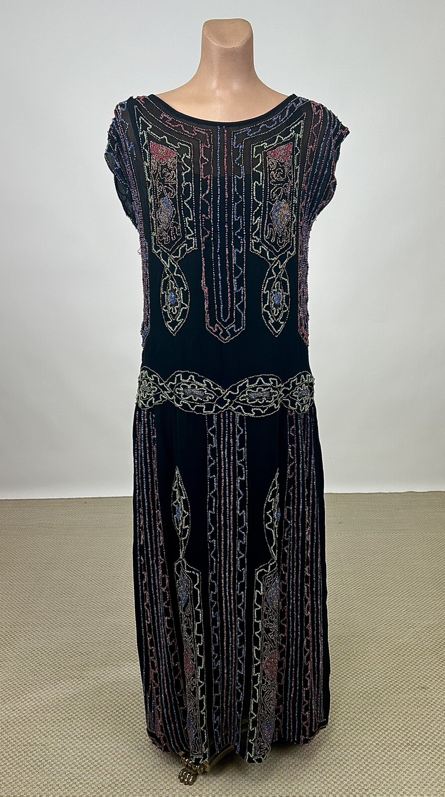 Vintage 1920s Colorful Beaded Geometric Black Silk Flapper Gown Pink Blue Green