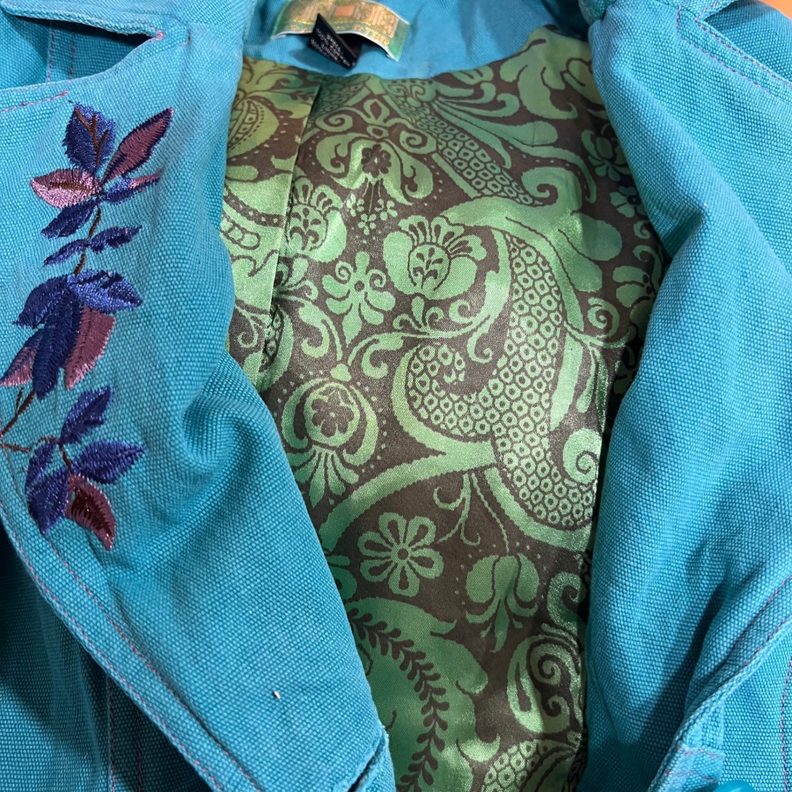Vintage Tracy Porter Teal Cotton Canvas Floral Embroidered Boho Trench Coat L