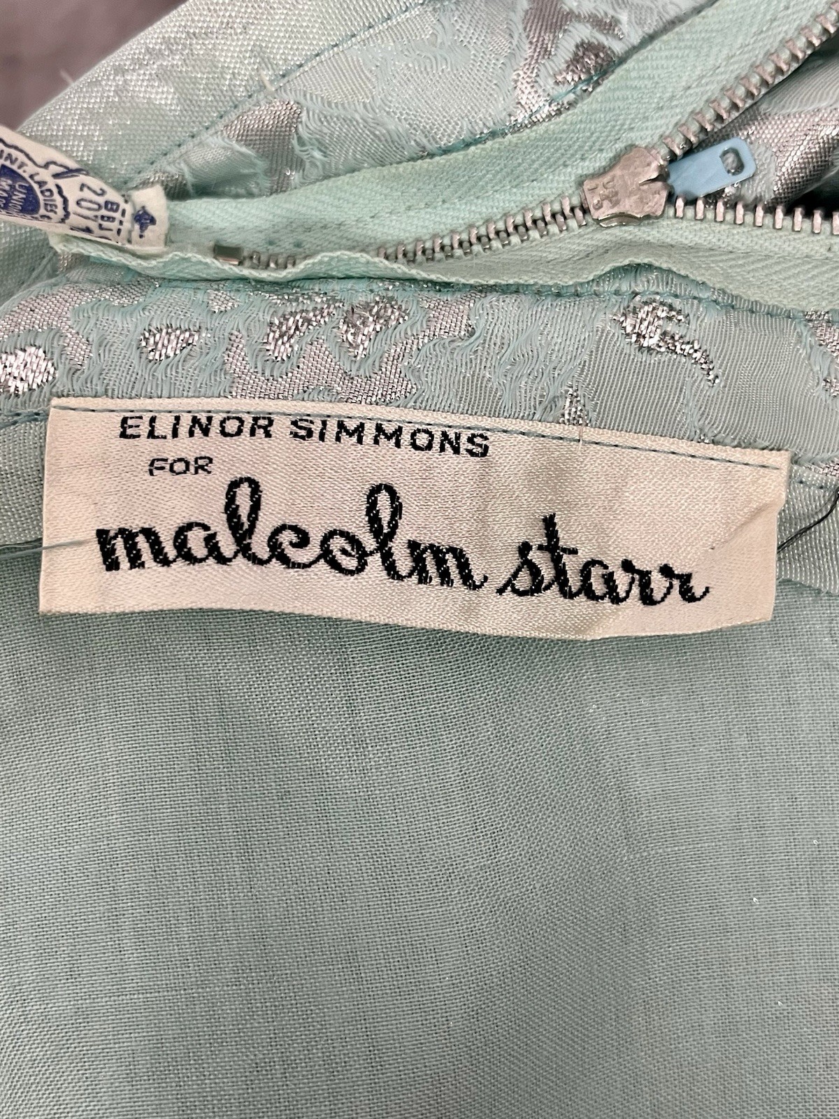 Vintage 1960s Malcolm Starr Cocktail Shift Dress Aqua Silver Floral Metallic S