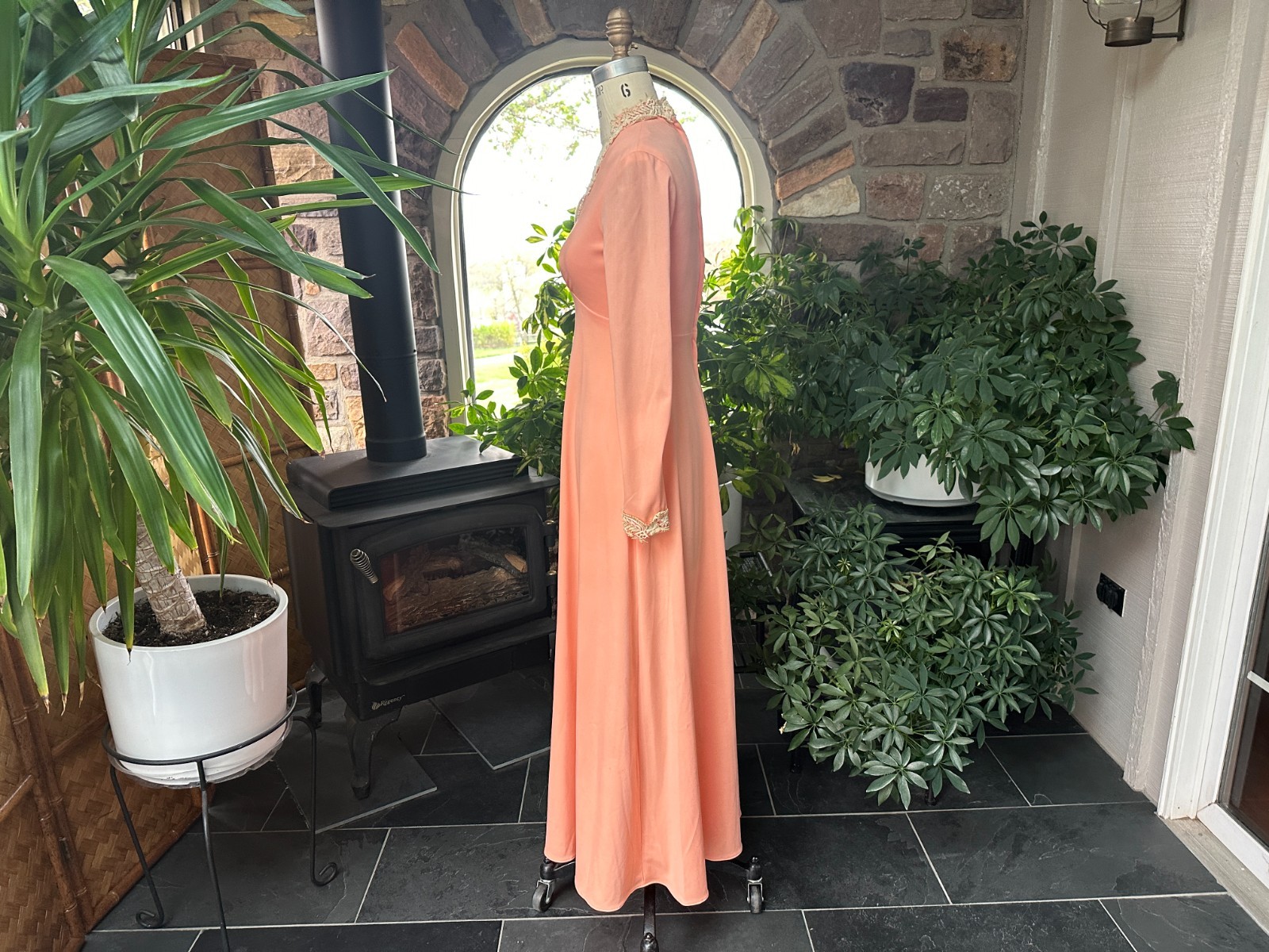 Vintage 1970s Apricot Knit and Ivory Lace Maxi Dress