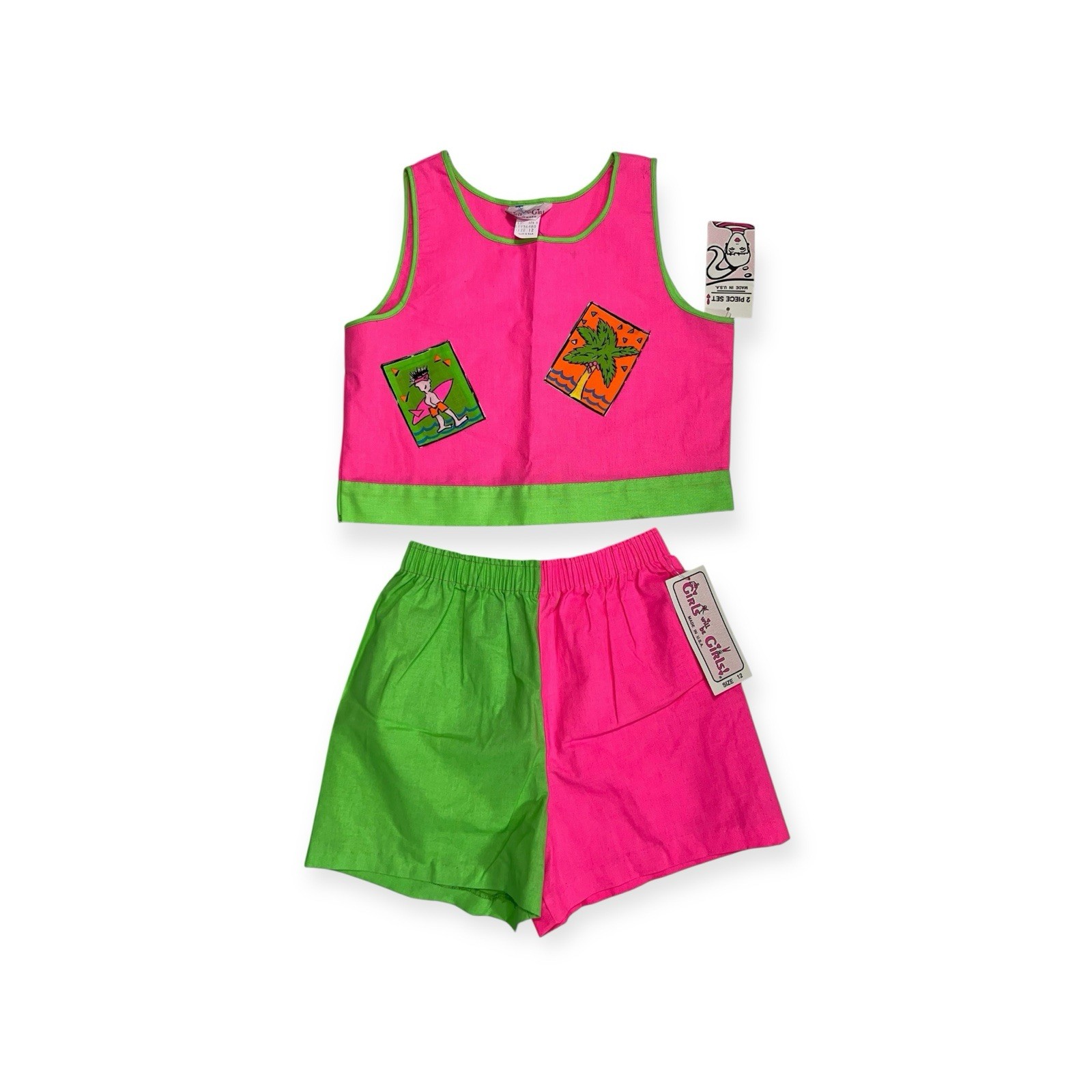 VTG 1980s NWT DEADSTOCK TANK TOP SHORTS SET JRS 12 NEW WAVE NEON SURFER BEACH