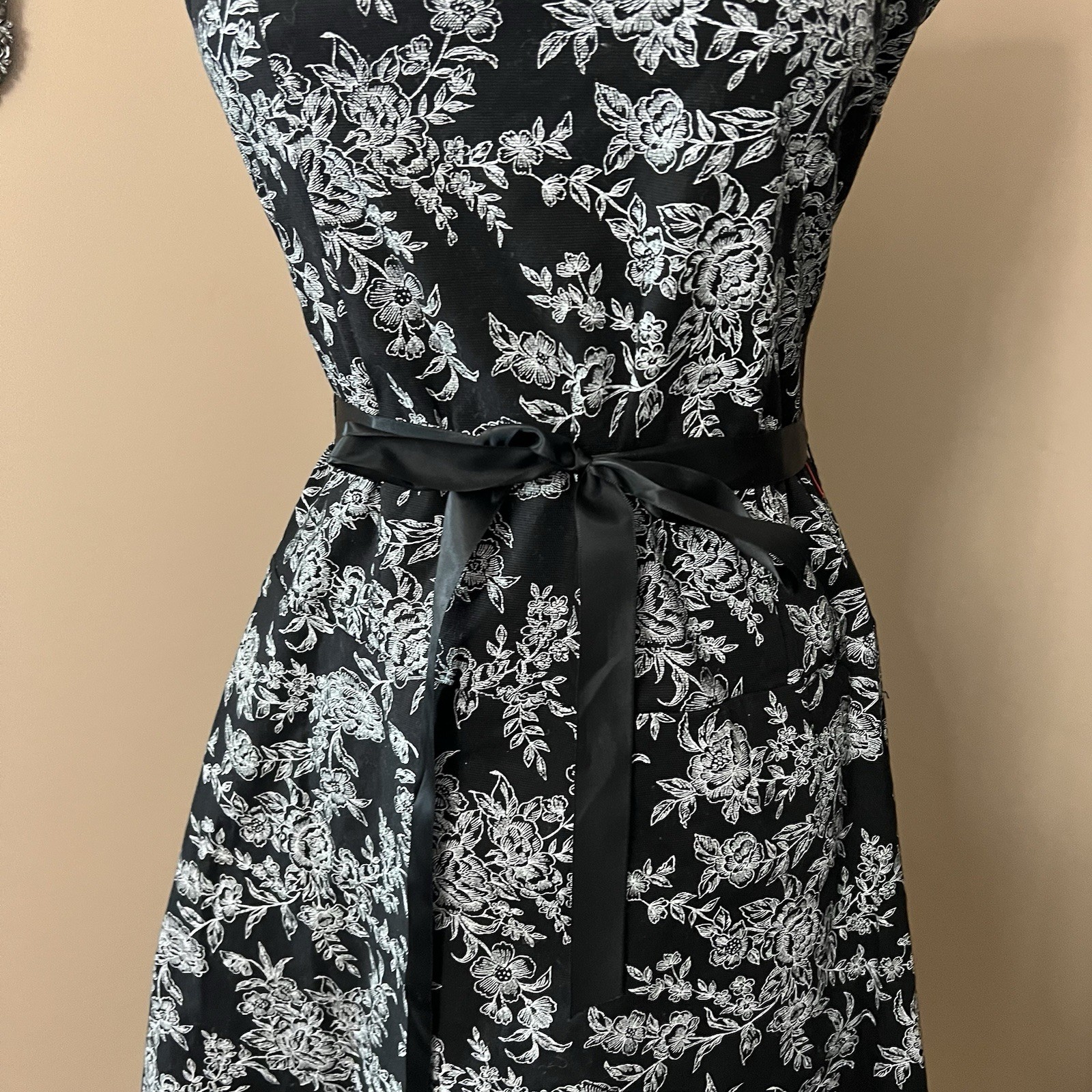 Vintage 90s does 50s Black Floral Toile A Line Strapless Dress Sz Med Gothic
