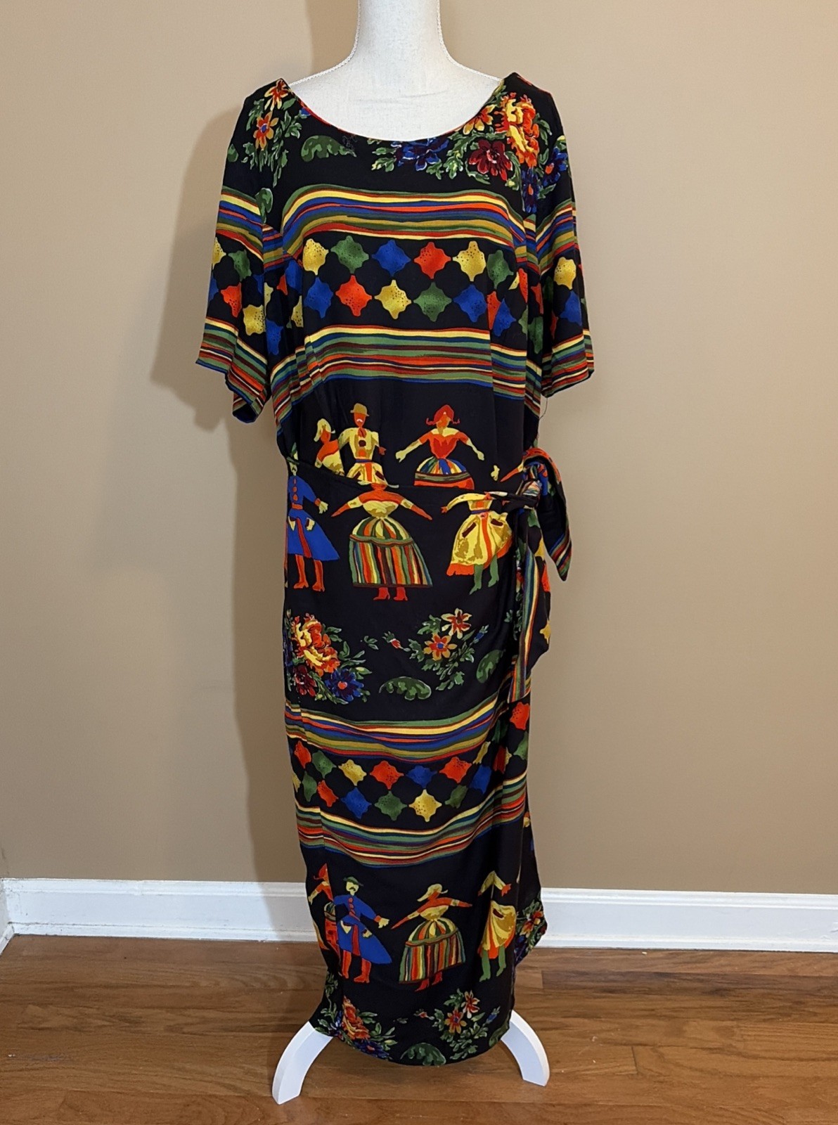Vintage 80s 90s Ashley Stewart Size 18 Colorful Folk Art Sarong Wrap Dress