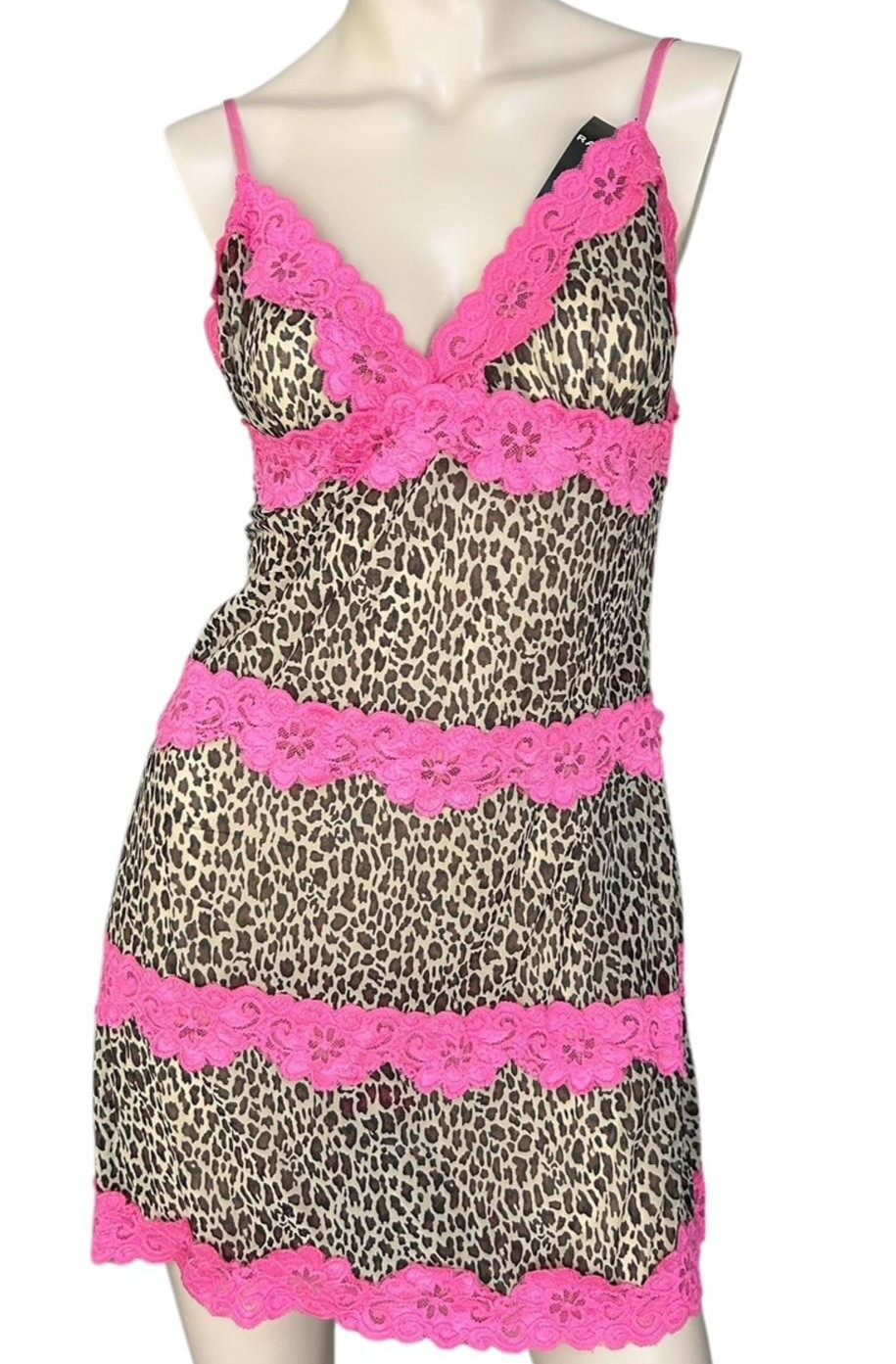 Y2K Rampage Lingerie Slip Dress Size M Pink Lace Leopard Mesh Babydoll Indie
