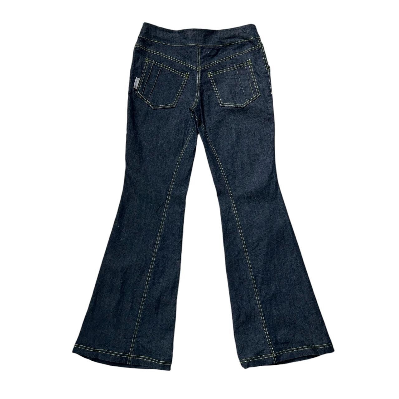 90s Y2K Vintage Low Rise Flare Raver Jeans Theory of Forms Club Kid Dark Wash.