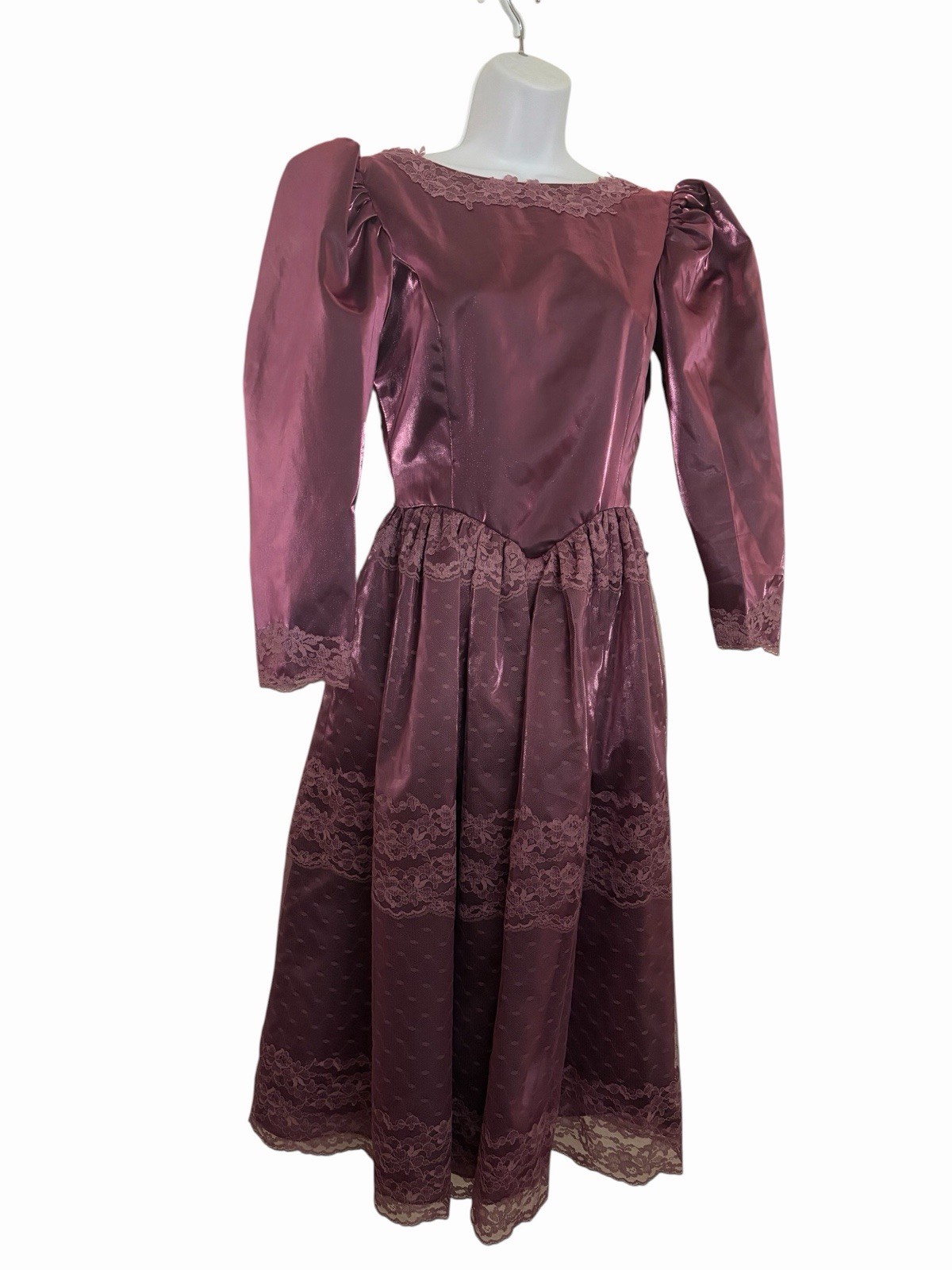 Vintage 80s Iridescent Purple Satin Lace Dress Size S M