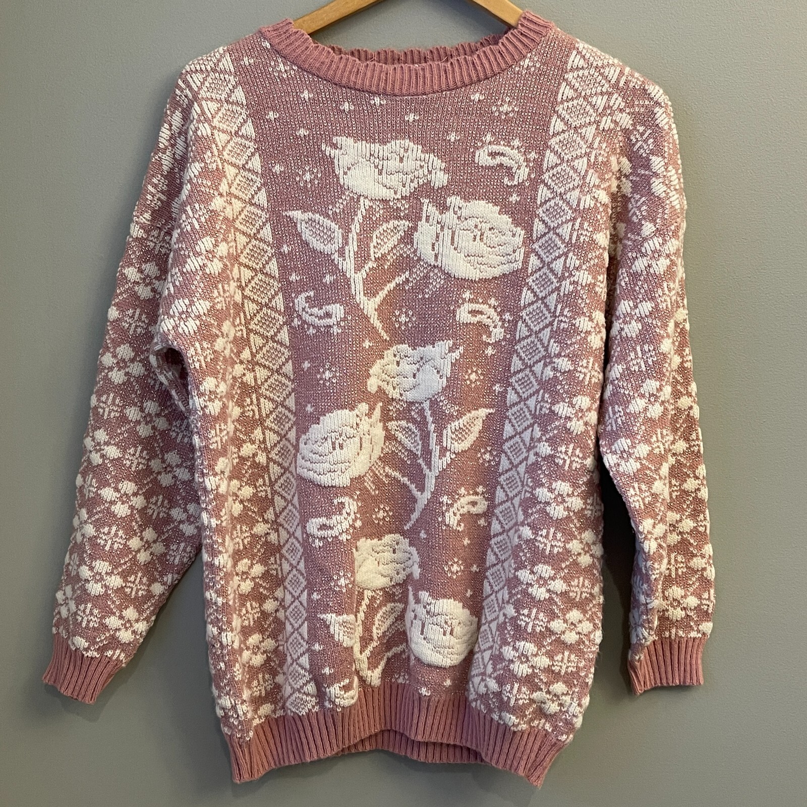 Vintage 80s Mauve Pink Rose Crewneck Knit Cottagecore Sweater Oversized Medium