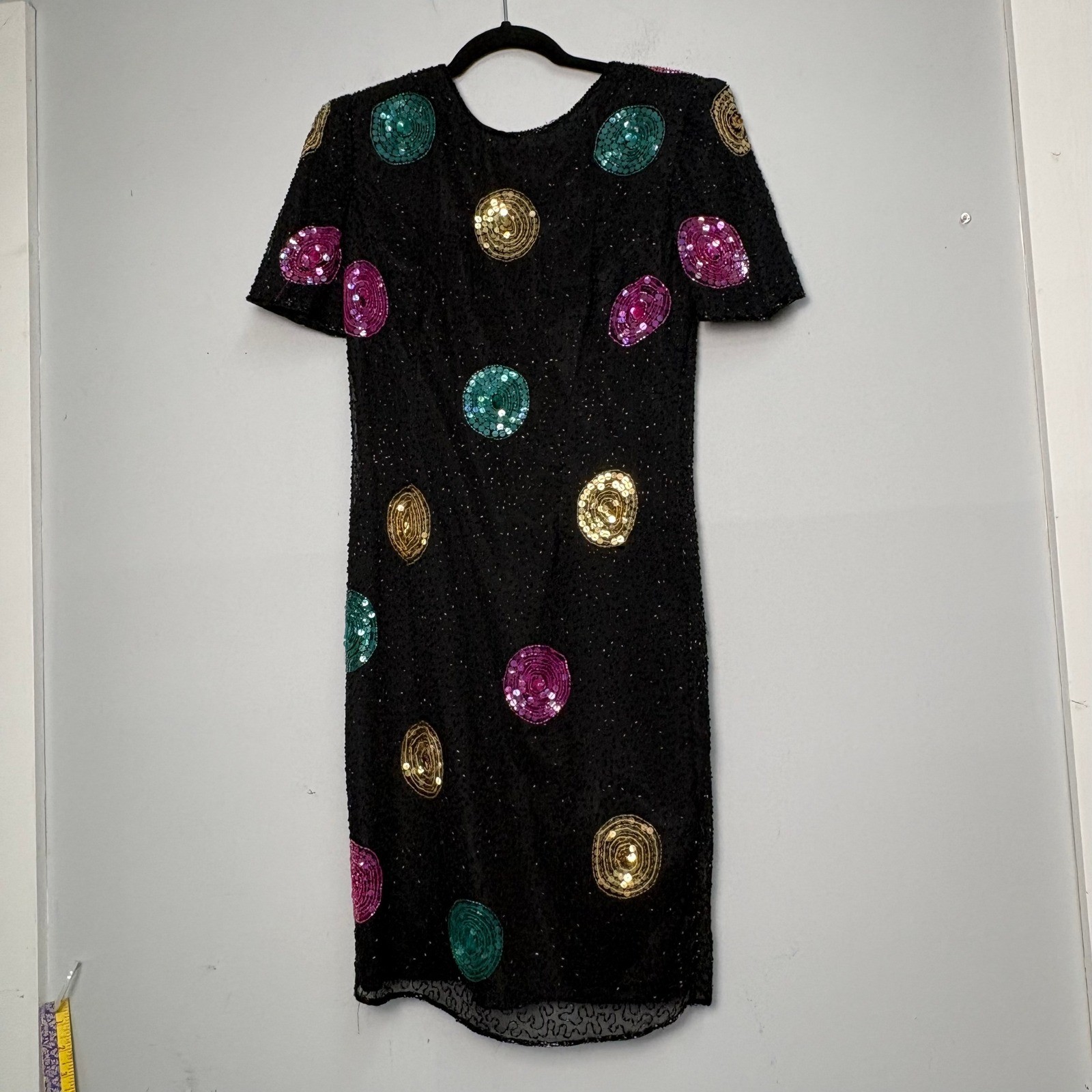 Vintage Silk Beaded Sequin Polka Dot Dress Black Multicolor Short Sleeve Size 8
