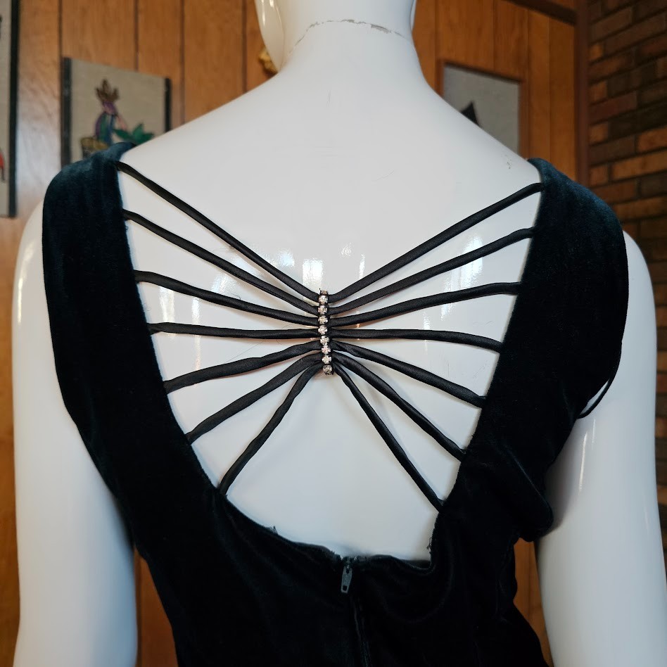 Vtg 90 Y2K Curvy Plus Goth Spider Back Emerald Green Velvet Prom Maxi Dress L/XL