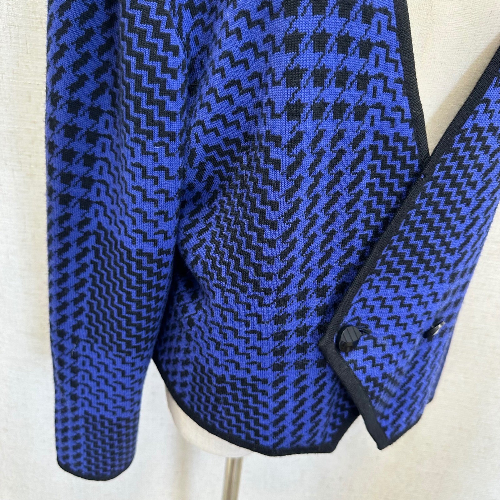 Ciao Ltd Vintage Cardigan Womens Large Blue Black Houndstooth Wool Blend Knit