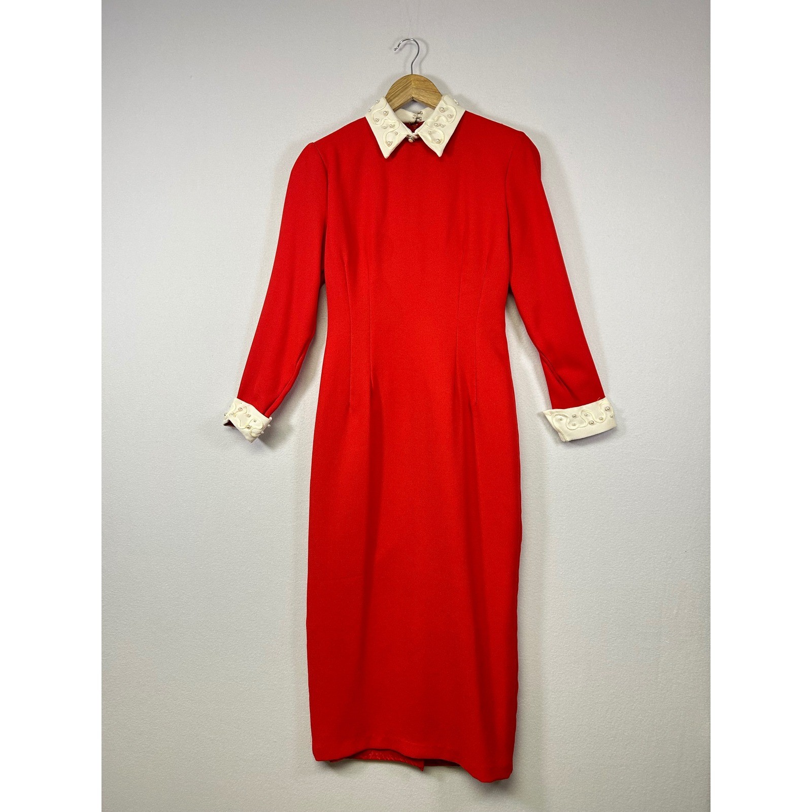 Statement Misty Lane Vintage Midi Dress Womens 4 Red Pearl Long Sleeve ormal