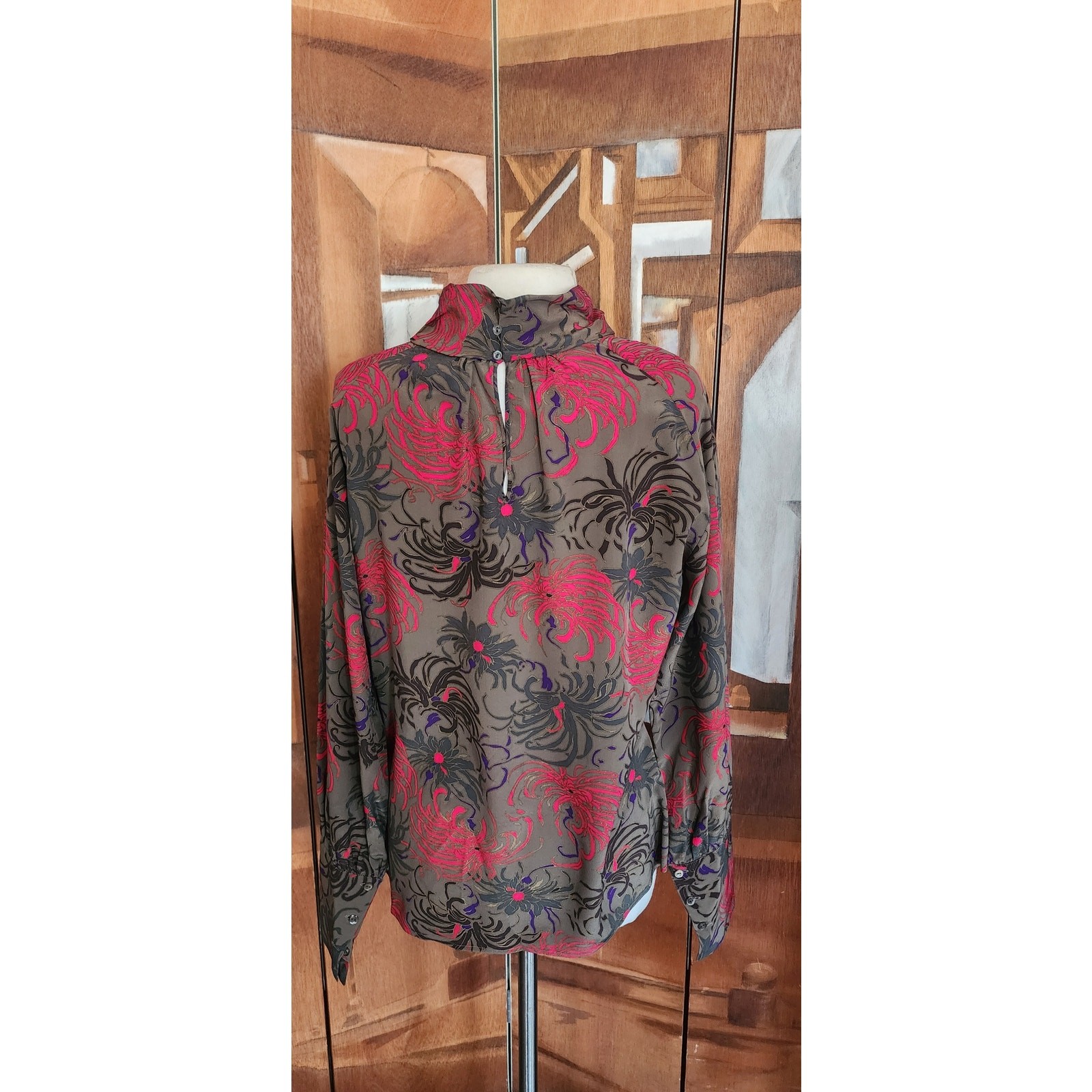 Vintage 80s CHLOE LAGERFELD Blouse Dark Floral Silk Blouse Long Sleeve Large