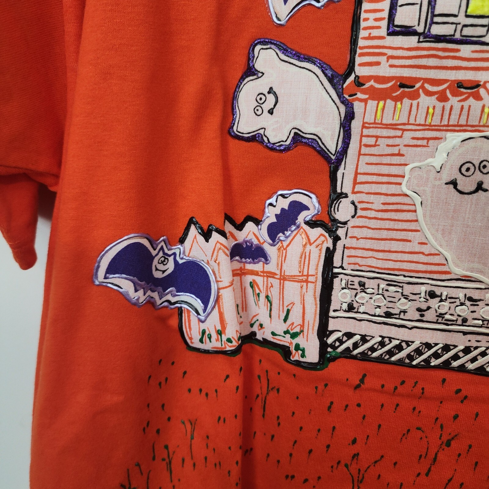 Vtg Jerzees Tee Painted Halloween Pumpkin Bats Ghost Haunted House 80’s 90s XL