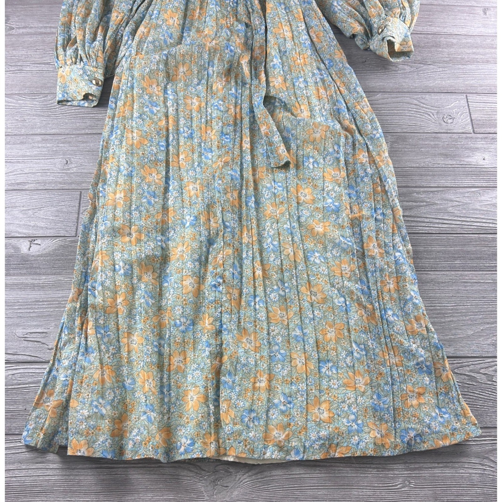 Vintage Floral Pleated Maxi Dress Blue Orange Lace Trim Balloon Sleeve Size 7
