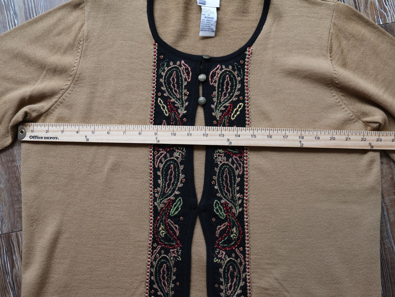 Vintage Koret Paisley Embroidered Beaded Cardigan Boho Tan Black Womens 1X